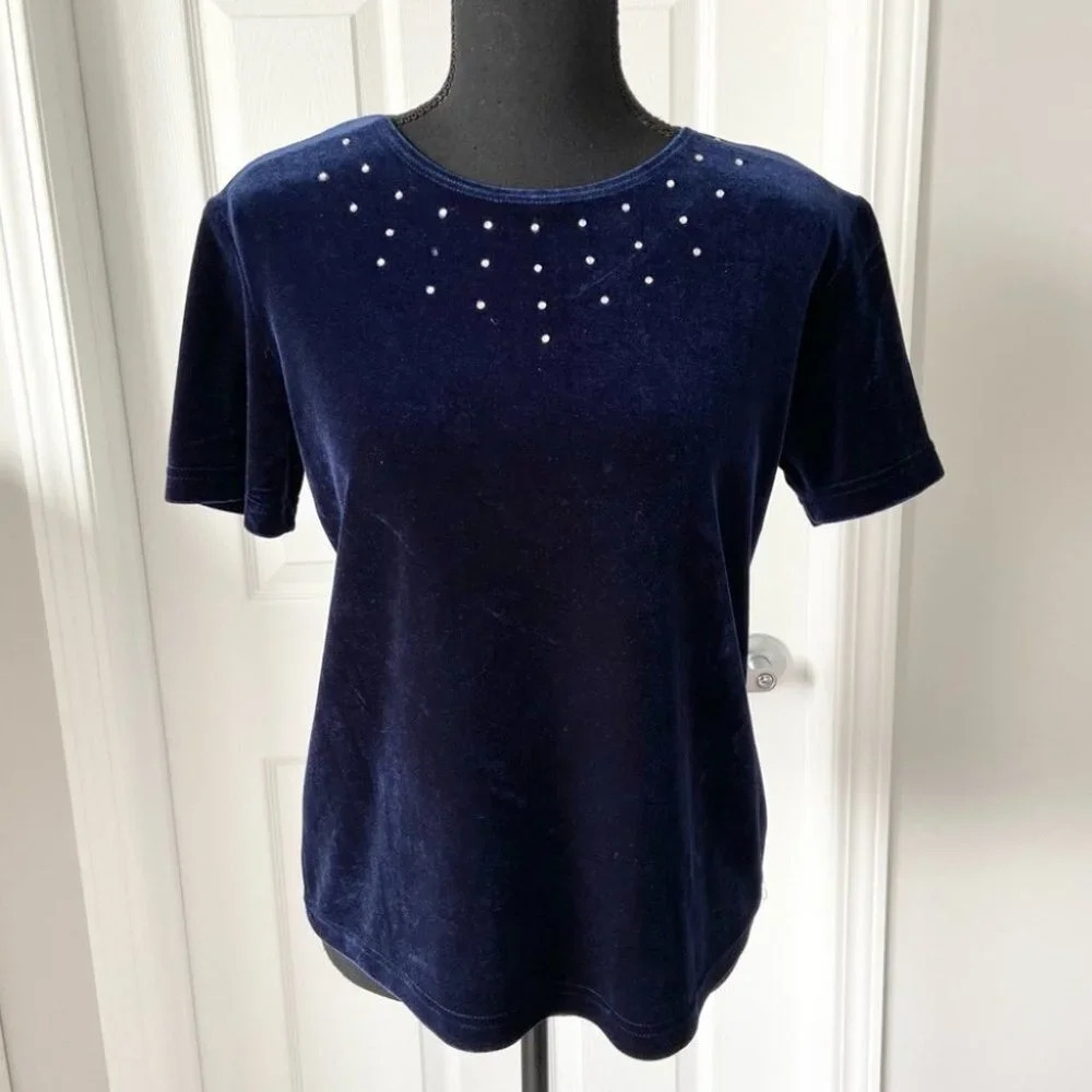 Vintage Y2K Nancy Bolen City Girl Velvet Rhinestones Accents Stretchy Top